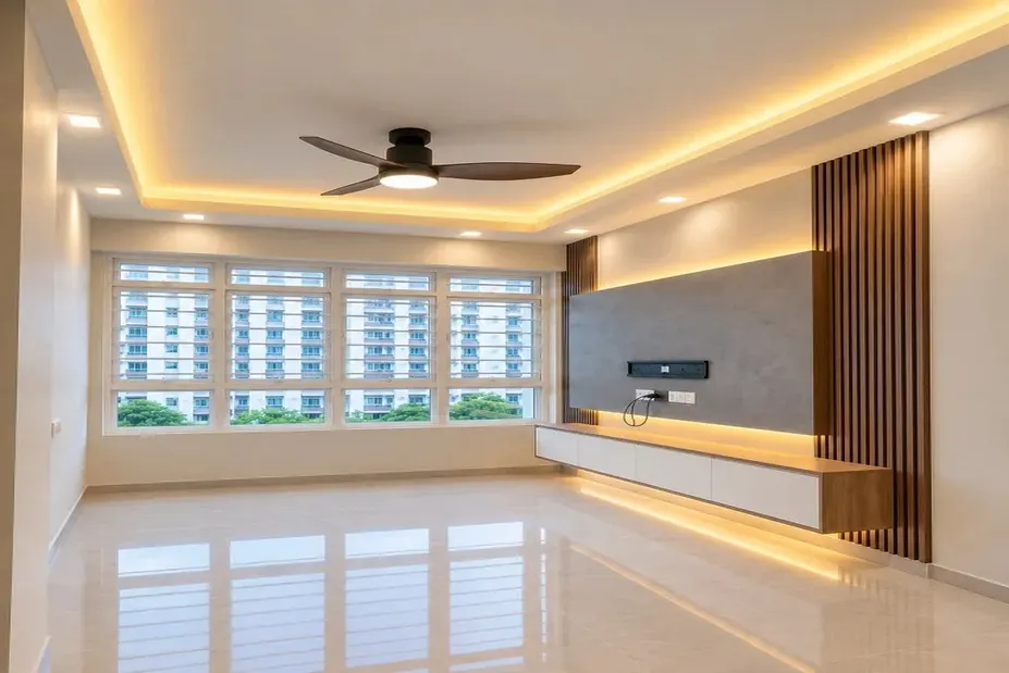 Modern false ceiling with warm cove lighting and recessed downlights